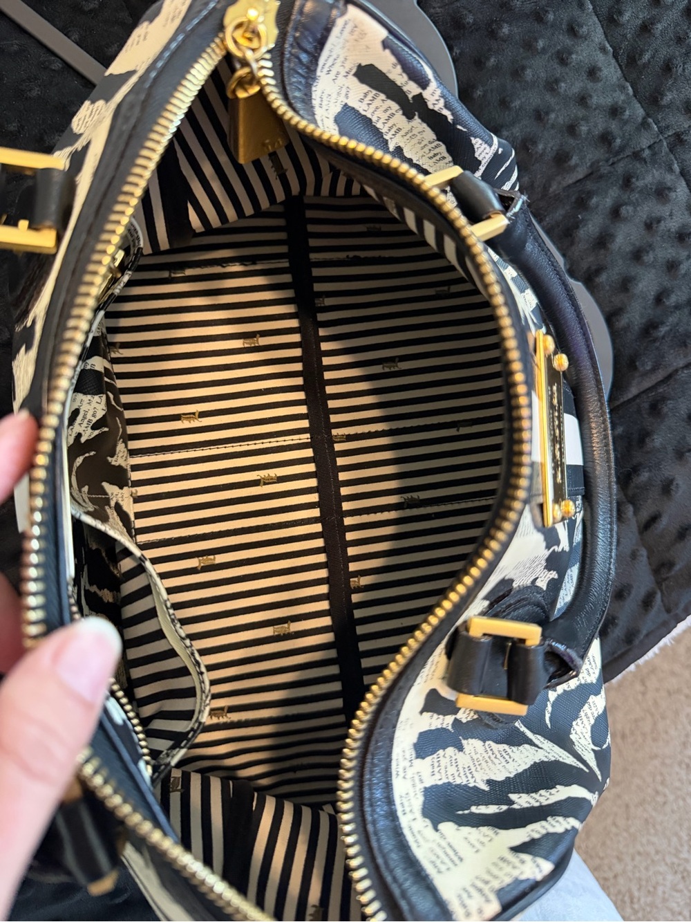 L.A.M.B. Black and White Zebra Stripe Satchel with Gold Plaque - Picture 7 of 9